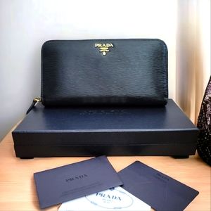 Prada Saffiano Black Leather Long Wallet